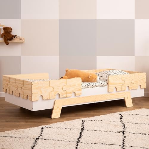 smartwood Kinderbett mit Lattenrost und Rausfallschutz Puzzle BR2 Montessori einzelbett für Jungen und Mädchen - Bett aus Kiefer Sperrholz mit Rausfallschutz und Lattenrost - Weiß - 100x200 cm