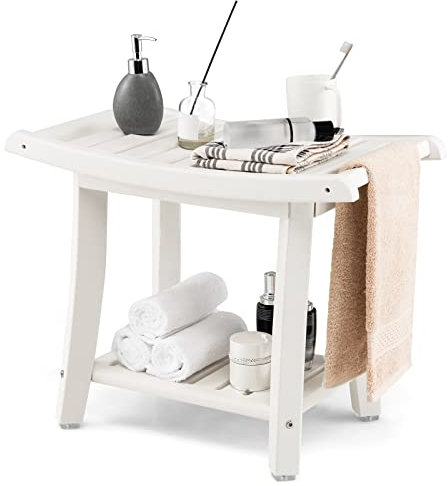 COSTWAY Duschbank Bad, Sitzbank mit Ablage, Badhocker 170 kg belastbar, Badezimmerbank Duschstuhl, Duschhocker für Erwachsene, Senioren, Weiß, 60,5x34x48 cm
