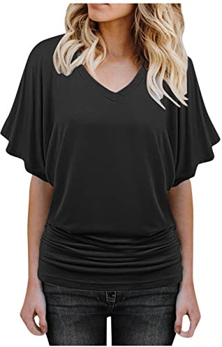 T Shirt Mädchen Coole mit Rüschen T Shirt Tailliertes Einfarbige Sommer V Neck Polyeste Shirt for Female Tunika Schönes Halbarm Buiness Schwarz