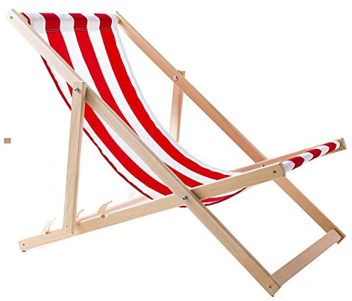 WOODOK Liegestuhl aus Buchholz Strandstuhl Sonnenliege Gartenliege für Strand, Garten, Balkon und Terrasse Liege Klappbar bis 120kg (Rot/weiß)