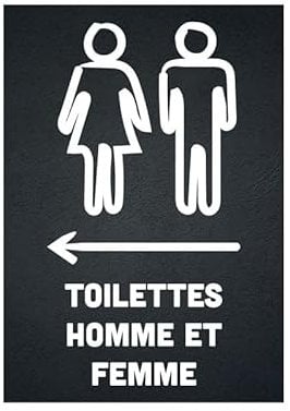 Panneau PVC TOILETTES HOMME ET FEMME flèche à gauche fond noir format A5