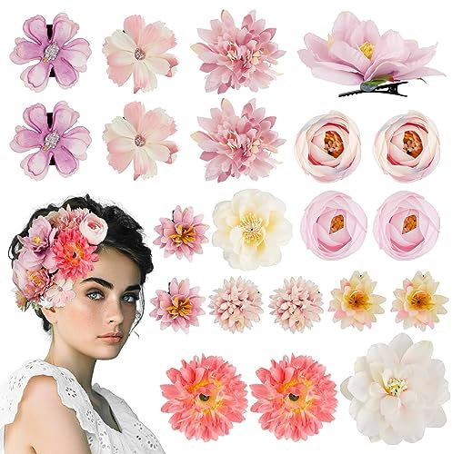 21PCS Barrette Fleur Artificielle Pince à Cheveux Bohême Hair Clips Epingle à Cheveux pour Femmes Filles Hawaii Décoration pour Coiffure de Carnaval Danseuse Piscine Plage Fête Mariage, Rose Violet