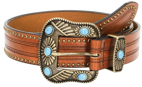Eohak Frauen Western PU Leder Gürtel - Geprägte Türkis Schnalle Bohemian Gürtel für Kleid Jean, Farbe: Schokobraun, M