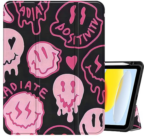 Cabreche Compatible with iPad (A16) 11th Generation 11 Inch 2025,10th Generation Case 2022,iPad 10.9 Inch Case Pencil Holder Soft Back Auto Sleep/Wake Cover Women Girls Cute Preppy Face-Black Pink
