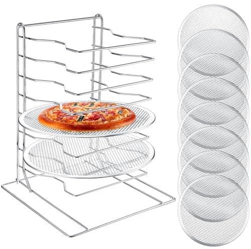 Zhehao Pizza-Backset mit 8 Etagen, Pizza-Rack und 8 Pizza-Pfannen mit Löchern, kompakter und praktischer Pizzaständer, 30,5 cm, perforierte Aluminium-Pizza-Pfannen für einfache Lagerung und Backen
