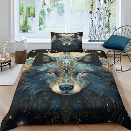 BARDYS Cyan Wolf Jungen Mädchen Bettwäsche-Sets 3D-Druck Wolf Bettbezug Weiche Mikrofaser Steppdeckenbezug Und Kissenbezug Mit Reißverschluss.Geeignet Für Teens Single（135x200cm）