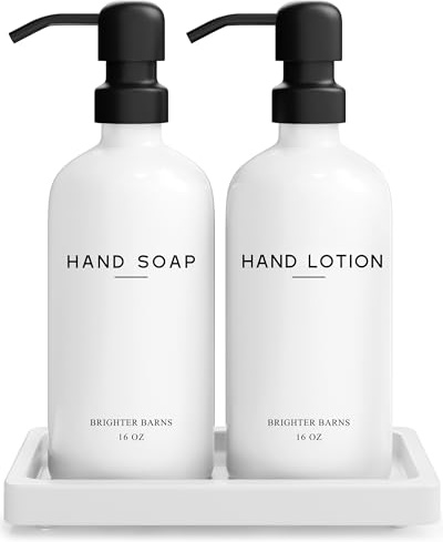 Brighter Barns White Glass Soap & Lotion Dispenser Set with Tray - Stainless Steel Pump for Home or Vacation Rental - Bathroom Accessories & Decor