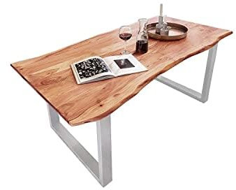 SAM B-Ware Esstisch 220x100 cm Mundra, Baumkantentisch aus Akazienholz, massiv + naturfarben, U-Metallgestell Silber, Esszimmertisch mit echter Baumkante