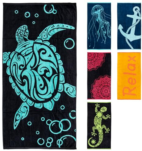 Pure Label Strandtuch 90x180 cm | Velour Strandlaken aus 100% Baumwolle | Pflegelichtes, saugstarkes Strandhandtuch mit Einer Schildkröte (Türkis/Schwarz)