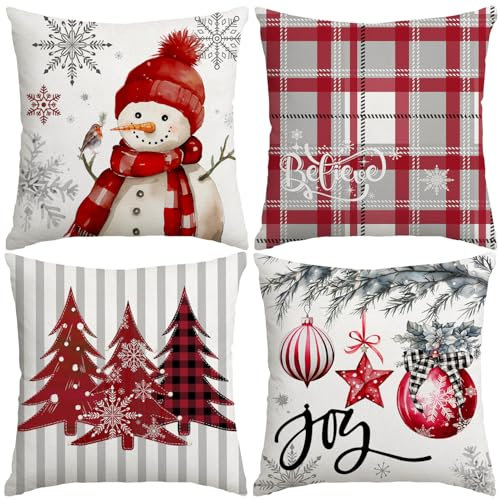 Miaikoe Weihnachtskissenbezüge 50x50 cm Set von 4, Dekorative Bauernhaus Schneemann Freude Glauben Weihnachtsbaum rote Kissenbezüge für Winter Holiday Home Decor Dekoration