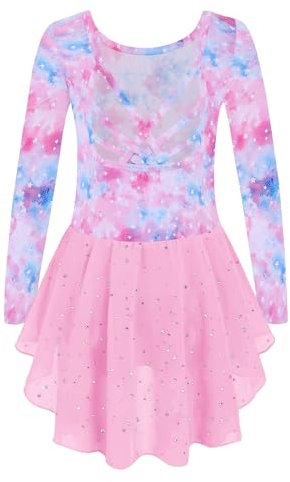Arshiner Kinder Ballettkleidung Mädchen Ballettkleid Langarm Balletttrikot aus Baumwolle Ballettanzug Tanzkleid Tanzbody mit Chiffon Rock Tütü 130/3-4 Jahre