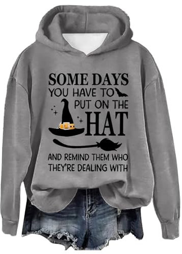 Halloween Some Days You Have to Put On The Hat Y2K Hoodies für Damen, Workou, Halloween, Hexe, Halloween-Kostüm, Langarm, Kapuzenoutfits, Skelett, lockere Passform, Universitätsgrafik-Tops, grau, XXL