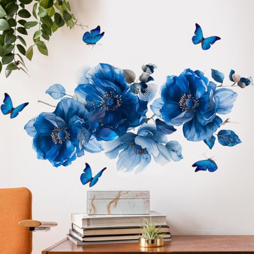 Runtoo Adesivi da parete con fiori blu, farfalla acquerello floreale adesivi da parete per camera da letto, soggiorno, bagno, decorazione per la casa