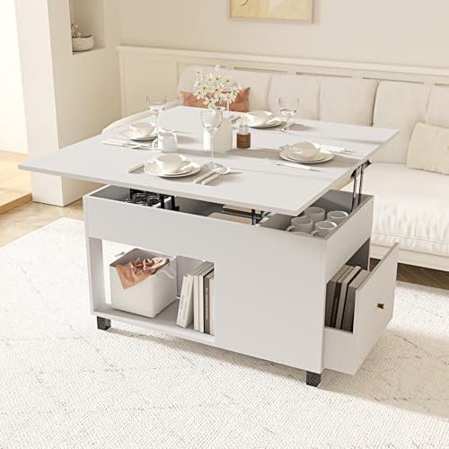 Msutree Couchtisch Höhenverstellbar Couchtisch Ausziehbar mit Lift top und Schubladen, Verstecktem Stauraum Sofatisch Beistelltisch für Wohnzimmer (01-Weiß)