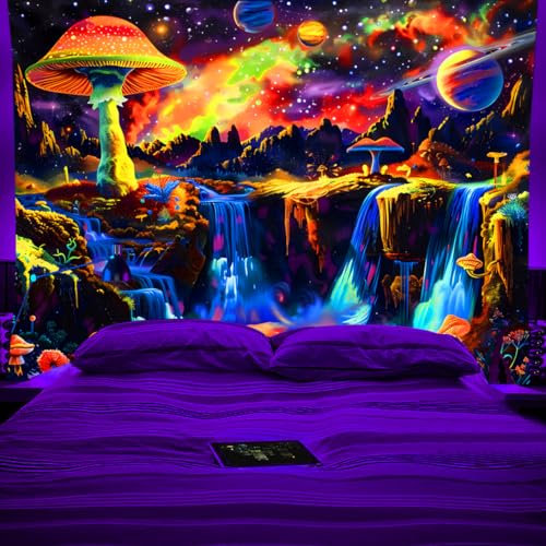 Koonafy Schwarzlicht Galaxie Planet Wandteppich, UV-reaktiver Naturteppich, Berg-Wellen-Wandbehang, Psychedelic Wandteppich Aesthetic Wandbehang Wohnzimmer Dekoration 150x130cm (B)