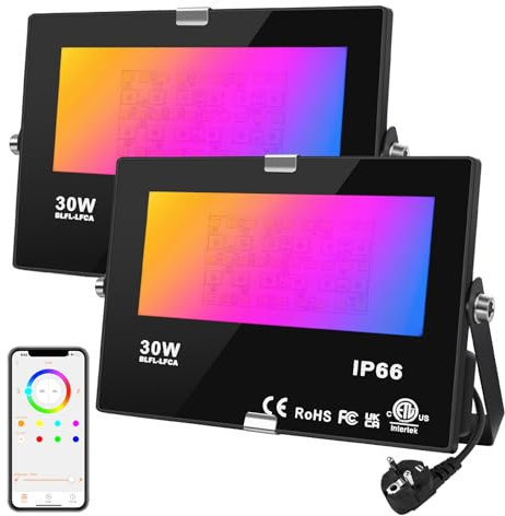 DUSKTEC LED Strahler RGB Warmweiß Außen Dimmbar, 2er Flutlicht LED Scheinwerfer Bunt 30W mit Stecker, Flutlichtstrahler Bluetooth APP Steuerung IP66 Wasserdicht, Fluter Beleuchtung Innen Outdoor Baum