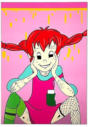 KUSTOM ART Wandbild Serie Karikaturen Figuren Pippi Langstrumpf Vintage-Stil Holzdruck 30 x 21 cm