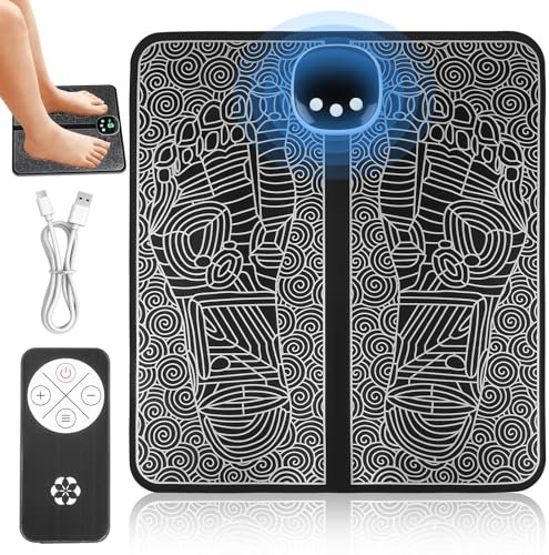 EMS Fußmassagegerät Elektrisch, 19 Intensitäten USB Shiatsu Fußmassagematte mit 8 Modi, Tragbares EMS Fußmassagegerät Faltbares mit Fernbedienung zur Durchblutungs und Muskelschmerzlinderung(Schwarz)