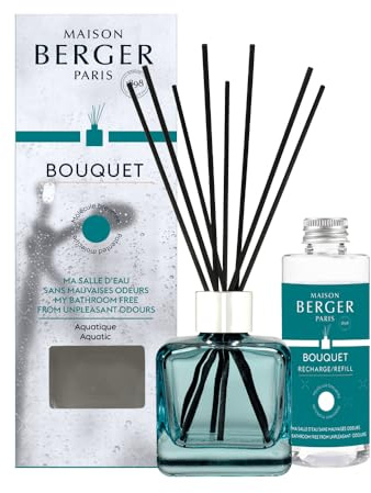 Maison Berger Mein Badezimmer ohne unangenehme Gerüche Raumduft Diffuser – Grün Flakon mit 6 schwarzen Duftstäbchen und 100 ml Duft-Nachfüllflasche