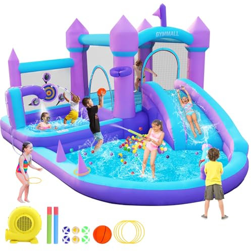 GYMMALL Castillo Inflable para Niños de 3-8 años, Casa de los Sueños Morada con Tobogán de Agua y Soplador de 480W, Gran Castillo Inflable con Zona de Salto, Piscina de Bolas, Alberca