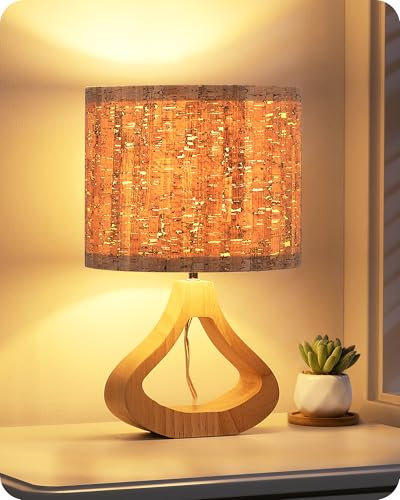 EDISHINE Nachttischlampe Holz, Tischleuchte mit Lampenschirm in Rindenoptik und Holzsockel in Flaschenform, E27 Fassung inkl. LED-Birne, 34 cm, Boho Tischlampe für Wohnzimmer, TV-Schrank, Korkbraun