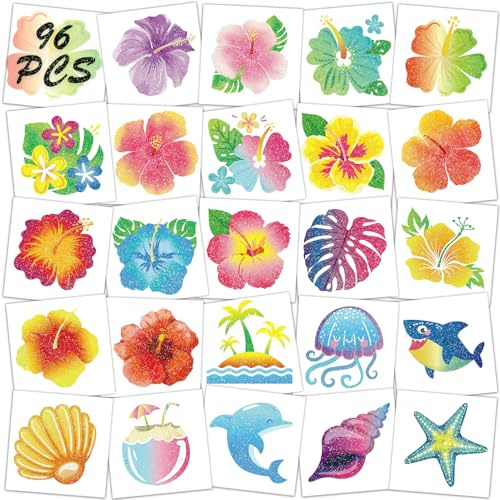 Qpout Glitter Hibiscus Temporary Tattoos for Aloha Party Decoration,96pcs Pre-cut Individually Hawaii Flower Tattoos,Summer Hibiscus Fake Tattoo Stickers for Kids Women Party Favors