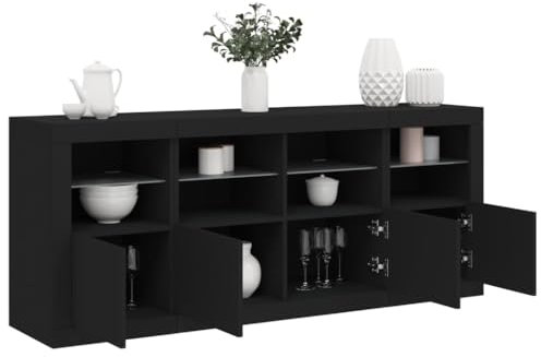 SXJEQOC Modernes Sideboard Schwarz 163x37x67 cm mit RGB LED-Beleuchtung, Holzwerkstoff & Glas, Stauraum, Für Wohnzimmer Flur Küche als Buffetschrank Kommode Highboard