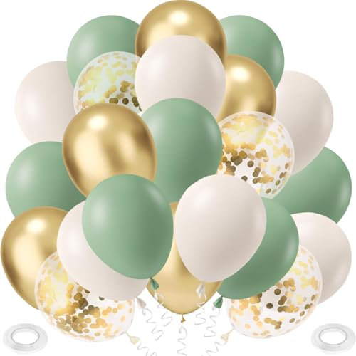 Luftballons Grün Sandweiß, 60 Stück Salbeigrün Gold Luftballon Grün Weiß Metallic Gold Helium Ballon Konfetti Latex Balloons für Taufe Geburtstag Hochzeit Baby Shower Party