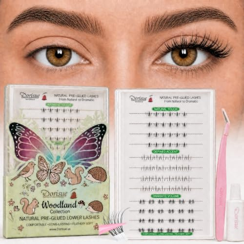 Dorisue 3 Styles for Daily/Date/Party Self-Adhesive Lower Lash Clusters, 12H Hold Beginner-Friendly No Glue Needed Bottom Eyelashes, 88 Pcs Pre-Glued Natural Volume with Tweezers & Mini Glue