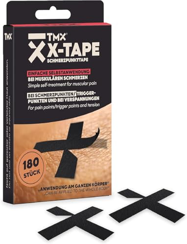 180 x TMX® X-TAPE Schmerzpunkttape | Premium Kinesiotape Schwarz | mit Anwendungsguide | Wasserfest, extra starker Halt | gegen Schmerzen, Verspannungen, Triggerpunkte | Hautfreundlich & hypoallergen