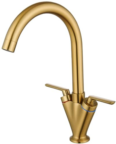 Eovem Robinet de cuisine en or brossé, bec pivotant à 360 °, robinet mitigeur d'évier à col de cygne, robinet de cuisine à double levier