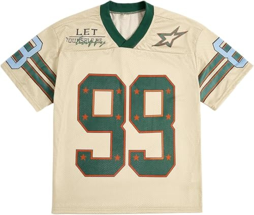 URMSPCL Jersey Shirts for Women Oversized Football Jerseys Number Graphic V Neck Short Sleeve Tshirts Tops Streetwear (Beige,M