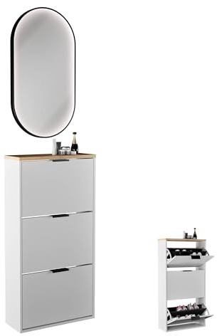 Planetmöbel Schuhschrank schmal inkl. ovaler Spiegel mit Beleuchtung (3 Lichtstufen), Schuhkommode mit 3 Klappen Schuhregal mit 6 Ablagen, Garderobe Set, 60 x 23 x118 cm, weiß grau
