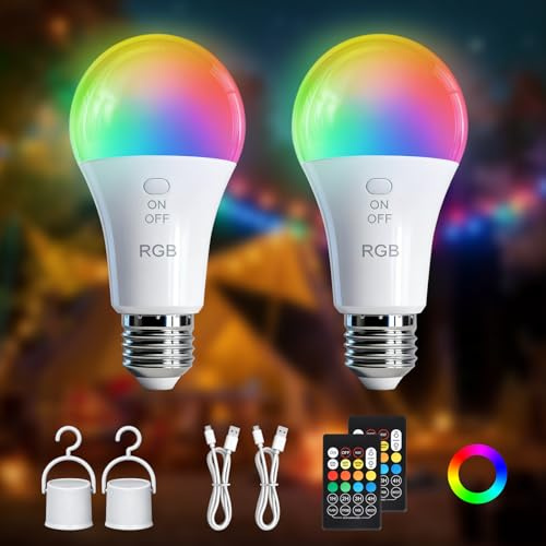 Kambo E27 LED RGB Aufladbare Glühbirne, Wiederaufladbarer Akku birne mit Fernbedienung, 7W Dimmbare Farbwechselnd Lampe mit Timing-Funktion für Outdoor Camping Weihnachten, 2 Stück