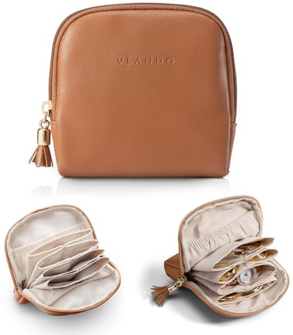 VLANDO Travel Jewellery Box, Portabel Jewellery Pouch, Travel Essential | Holiday Essentials,Gift for Women,Lightweight,Smooth Zipper,Tangle Prevention,12x12.5cm,Separate Compartments,Caramel Brown