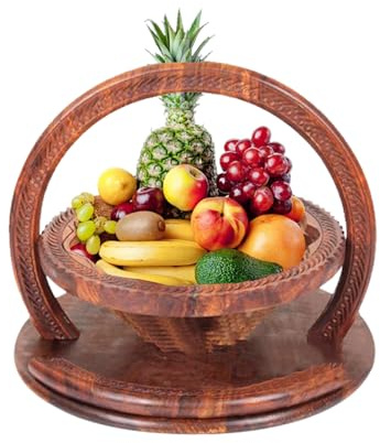 Cesta Plegable para Pan y Nueces - Cesta Plegable de Madera de 30x30x25 cm, de Palisandro, diseño de Rejillas múltiples con 4 Compartimentos | Almacenamiento circular para dulces, frutas, nuec