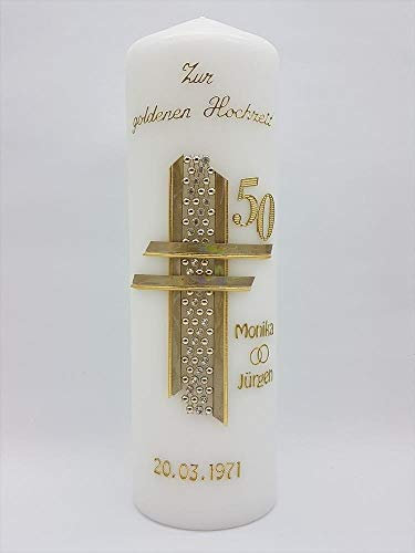 Handverzierte Kerze zur goldenenHochzeit mit Namen & Datum GH-15 -HANDARBEIT Geschenkverpackung und Kerzenständer optional