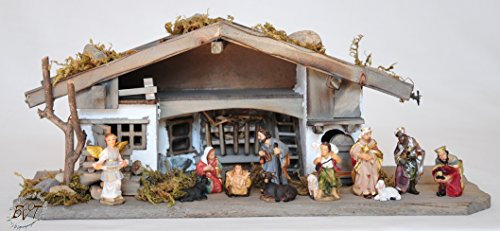 BTV Weihnachtskrippe + Zubehör, 32 cm massiv Vollholz Massivholz komplett MIT hochwertigen Premium Figuren, Krippe MIT Figuren und Zubehör, Krippenstall Weihnachten Krippenzubehör