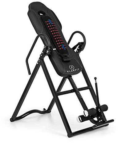Klarfit Ease Delux - Inversionsbank, Schwerkrafttrainer, Rückentrainer, Inversionstisch, Entlastung der Wirbelsäule, bis 136kg Körpergewicht, Wärme-und Massagefunktion, schwarz