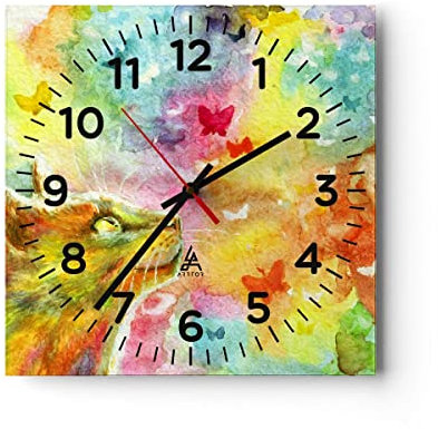Modern Wanduhr Katze Schmetterling Regenbogen Magie 40x40cm Quadrat Groß Wand Uhr Glas Analog Zimmeruhren Küche Büro Wohnzimmer Glasuhr Wall Clock Dekoration Design Küchenuhr C4AC40x40-2920