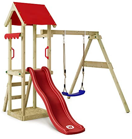 WICKEY Spielturm Klettergerüst TinyWave mit Schaukel & roter Rutsche, Outdoor Kinder Kletterturm mit Sandkasten, Leiter & Spiel-Zubehör für den Garten