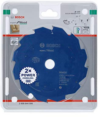 Bosch Accessories Lama Per Sega Circolare Expert For Wood (Legno, 165 x 20 x 1.5 mm, 12 Denti, Accessorio Per Sega Circolare A Batteria), 165 mm Diametro