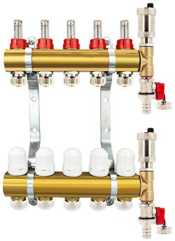 Millto™ Messing Heizkreisverteiler Fußbodenheizung 5 Heizkreise 16x3/4 PEX Rohr Adapter | Verteiler Entlüftungsset Automatische Entlüftung Flowmeter Thermostatventil Eurokonus