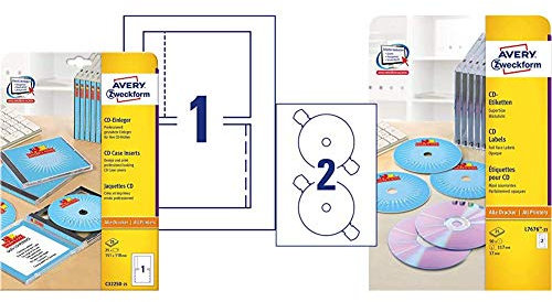 AVERY Zweckform, C32250-25 CD-Einleger spezialbeschichtet (Inkjet, Laser+Kopierer geeignet, 185g, 151 x 118 mm, 25 Blatt) & L7676-25 CD-Etiketten (A4, 50 Stück, Ø 117 mm, 25 Blatt) weiß