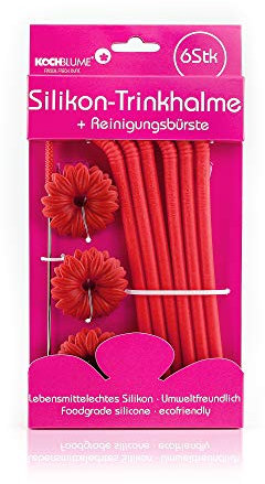 Kochblume Silikon-Trinkhalme 6-tlg. mit Reinigungsbürste | Premium-Silikon | Hitzebeständig | Spülmaschinenfest | Inklusive Reinigungsbürste | Farbe: rot