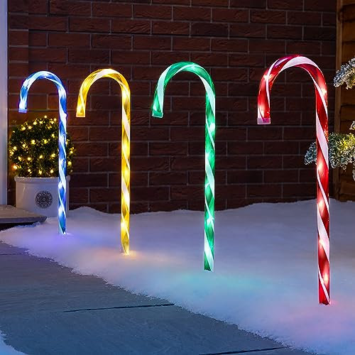 Christow Candy Cane Christmas Lights, Outdoor Path Stake Decorations, Flashing LED, Battery Operated with Timer, Set of 4 x 58cm (Multi Coloured)