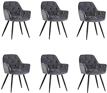 JaHECOME Lot de 6 fauteuils de salon, chaise de salle à manger en tissu (velours), couleurs au choix, design rétro, avec accoudoirs, fauteuil avec dossier, pieds en métal, noir / gris