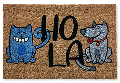 KOKO DOORMATS Kokos Fußmatte außen mit Anti-Rutsch PVC | Lustige Türmatte Hola - Cat & Dog | Umweltfreundlich, Robust & Pflegeleicht | 60x40 cm für Außenbereich & Haustür