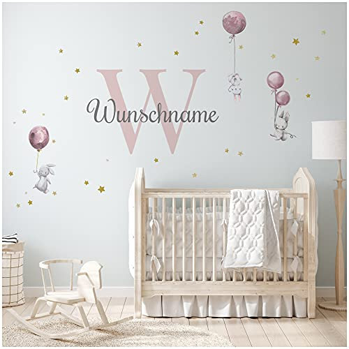 yabaduu Wandsticker personalisiert Sticker Aquarell Tiere mit Name Wandtattoo für Kinderzimmer Babyzimmer Spielzimmer Mädchen Junge Y037 (Nr. 6 Hasen mit Ballons Rosa, Mit Wunschname)