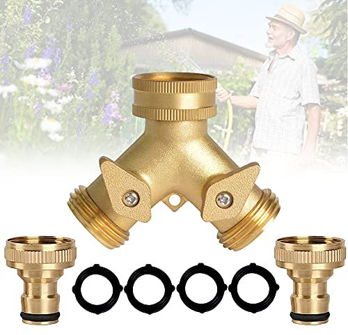 2 Way Tap Connector, Solid Brass Double Hose Connector for Outdoor Tap 2 Way Garden Hose Splitter Brass Manifold with 2 x 3/4 Inch Brass Water Tap Connection for Garden Irrigation